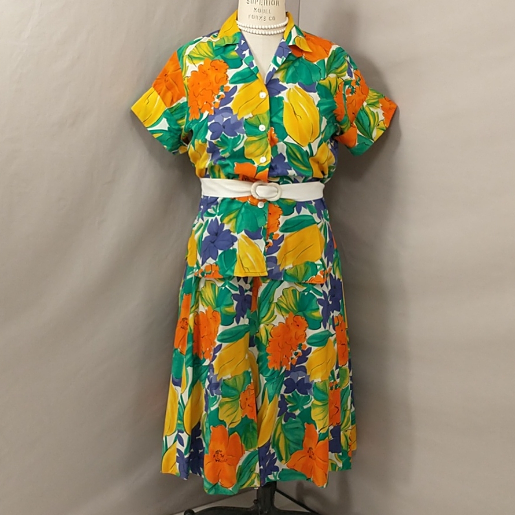 Vintage Bright Floral Skirt Set Dress 80s Jaeger Eighties Mod Print Eye Catching